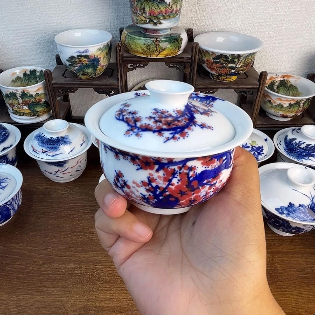 忠意堂釉下彩红梅盖碗