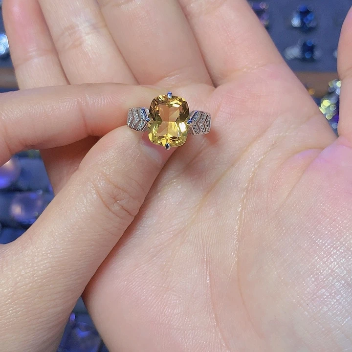 黄晶戒指银S925镶嵌乐*?