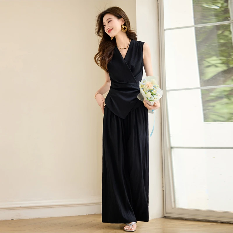 时尚气质V领无袖套装女2025夏新款洋气减龄不规则上衣裙裤两件套