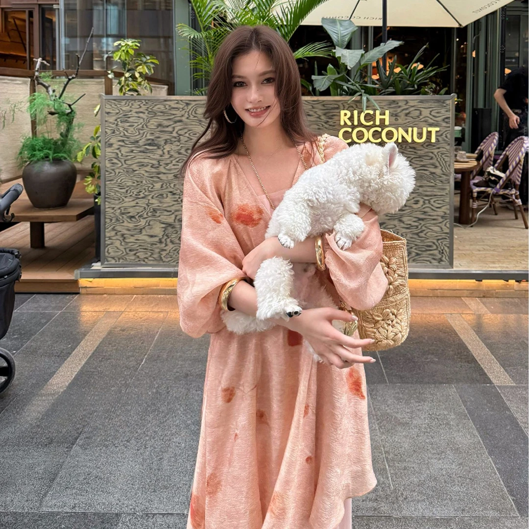 2025秋季法式设计感甜美俏皮不规则宽松拼接晕染上衣半身裙两件套