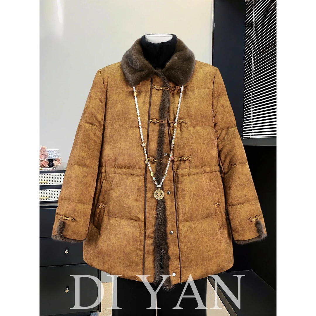 时尚妈妈装毛毛翻领白鸭绒国风羽绒服冬季新款中老年保暖印花外套