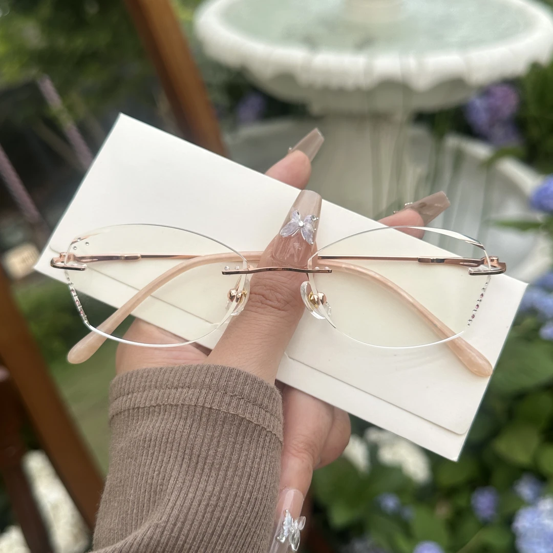 A389超轻无框眼镜女款纯钛材质切边镶钻近视显气质时尚百搭防蓝光