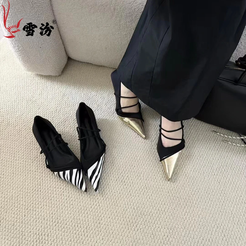 气质时尚百搭法式小众设计感高跟鞋女鞋单鞋 雪汾冬季尖头细跟浅