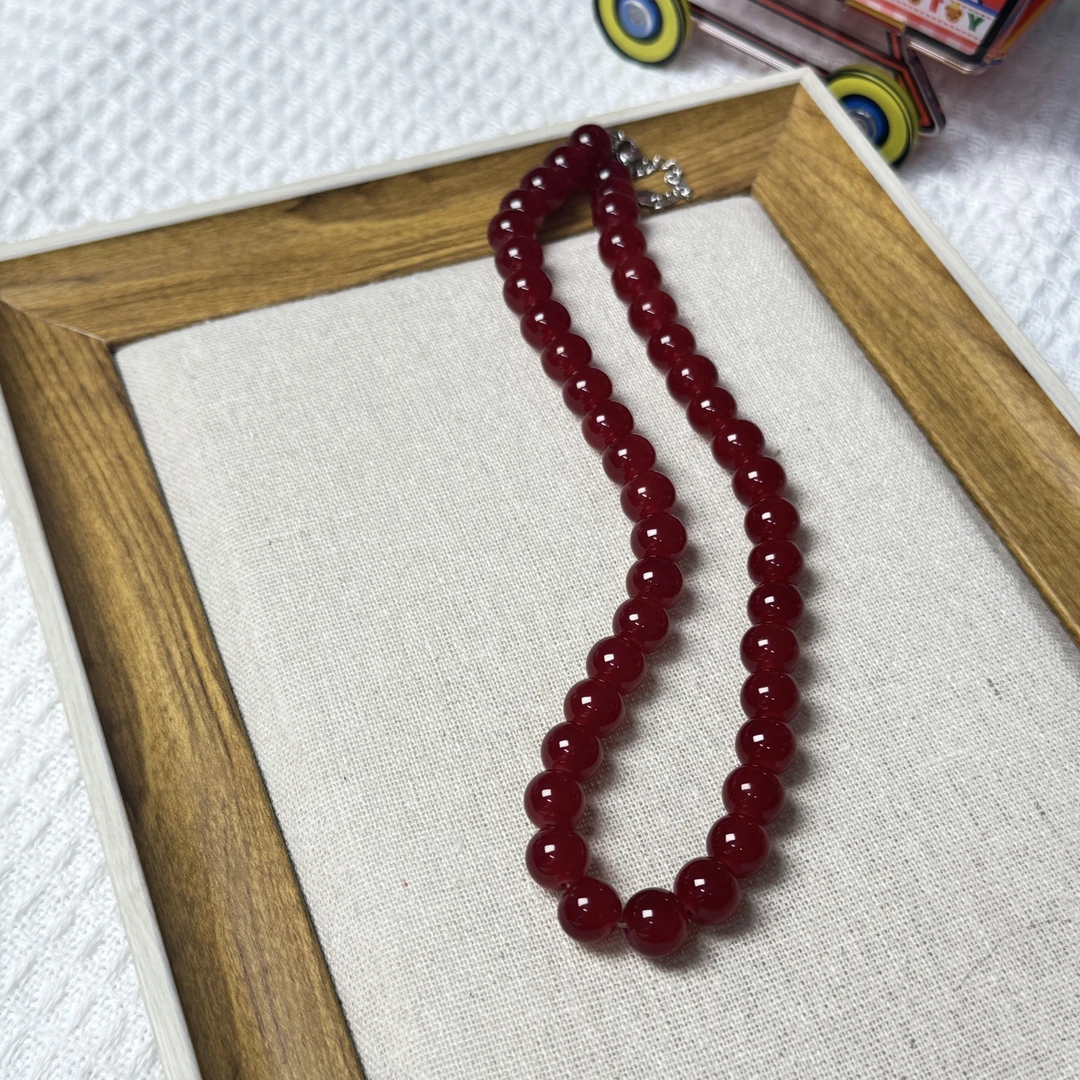 钛钢玻璃项链 红色手工串珠气质简约项链韩系百搭时尚锁骨颈链