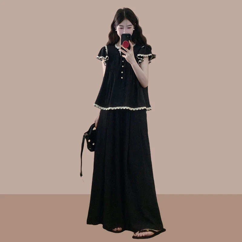 夏季时尚新款复古胖MM高级感花边显瘦上衣+高腰阔腿裤两件套装女