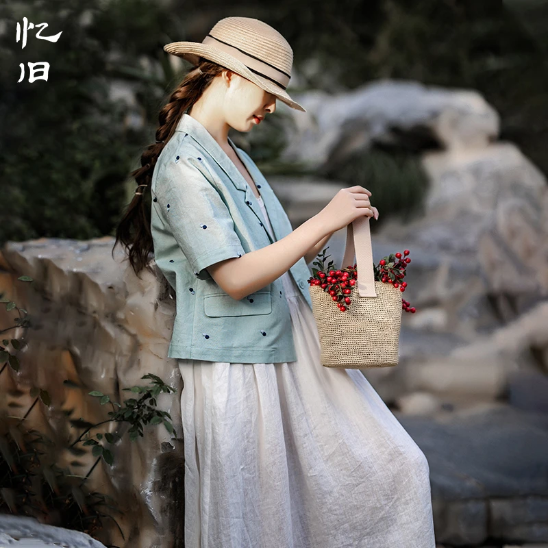 现货【夏词】亚麻短袖小西服女夏2024新款百搭休闲刺绣西装短外套