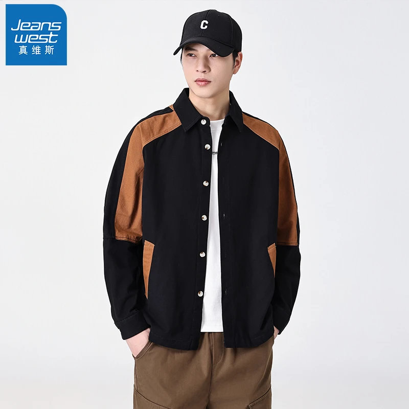 Jeanswest/真维斯男上衣休闲宽松衬衫款外套秋季新款潮流拼接夹克