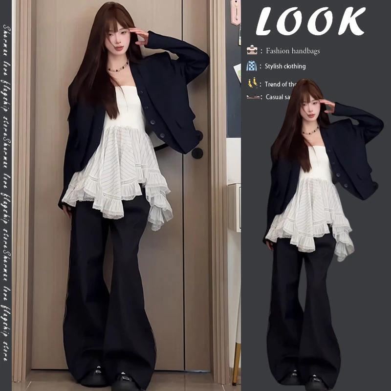 【现货】时尚穿搭2025新款韩版西装外套不规则花边抹胸阔腿裤三件套