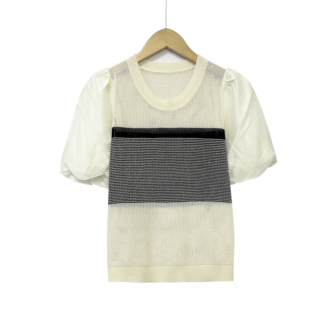 夏季新品！女士夏季时尚针织拼接撞色短袖T恤F534