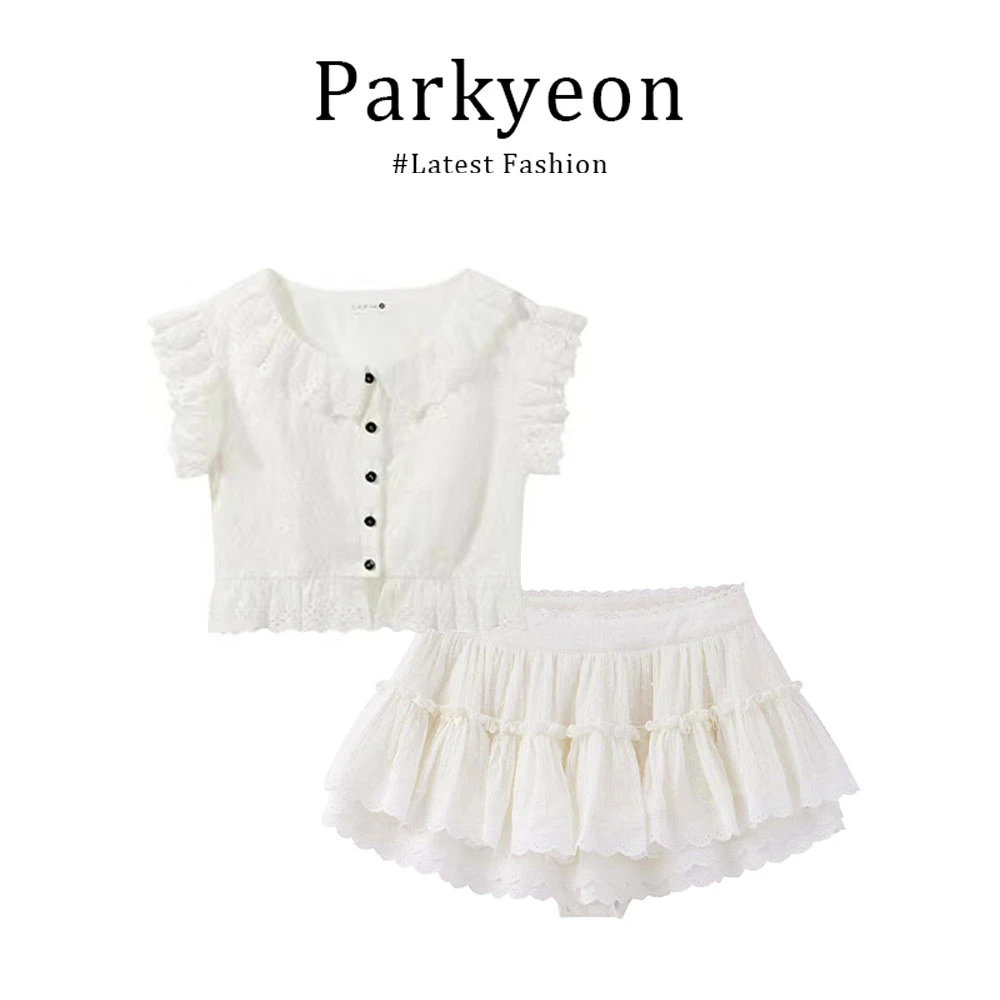 镂空花边小飞袖短款上衣蛋糕半裙女2025夏季甜美套装裙子