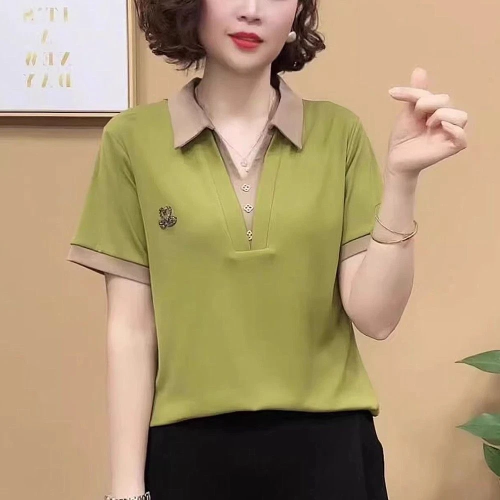 短袖t恤女夏季薄款polo领正肩大码显瘦宽松中年妈妈休闲衬衫上衣