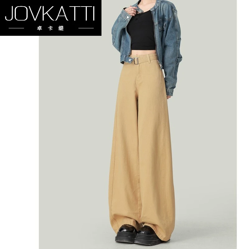 卡其色高腰阔腿牛仔裤女2025秋冬宽松显瘦休闲垂感直筒裤