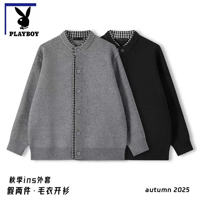 花花公子秋季新款假两件毛衣韩版百搭开衫外套美式休闲潮流针织衫