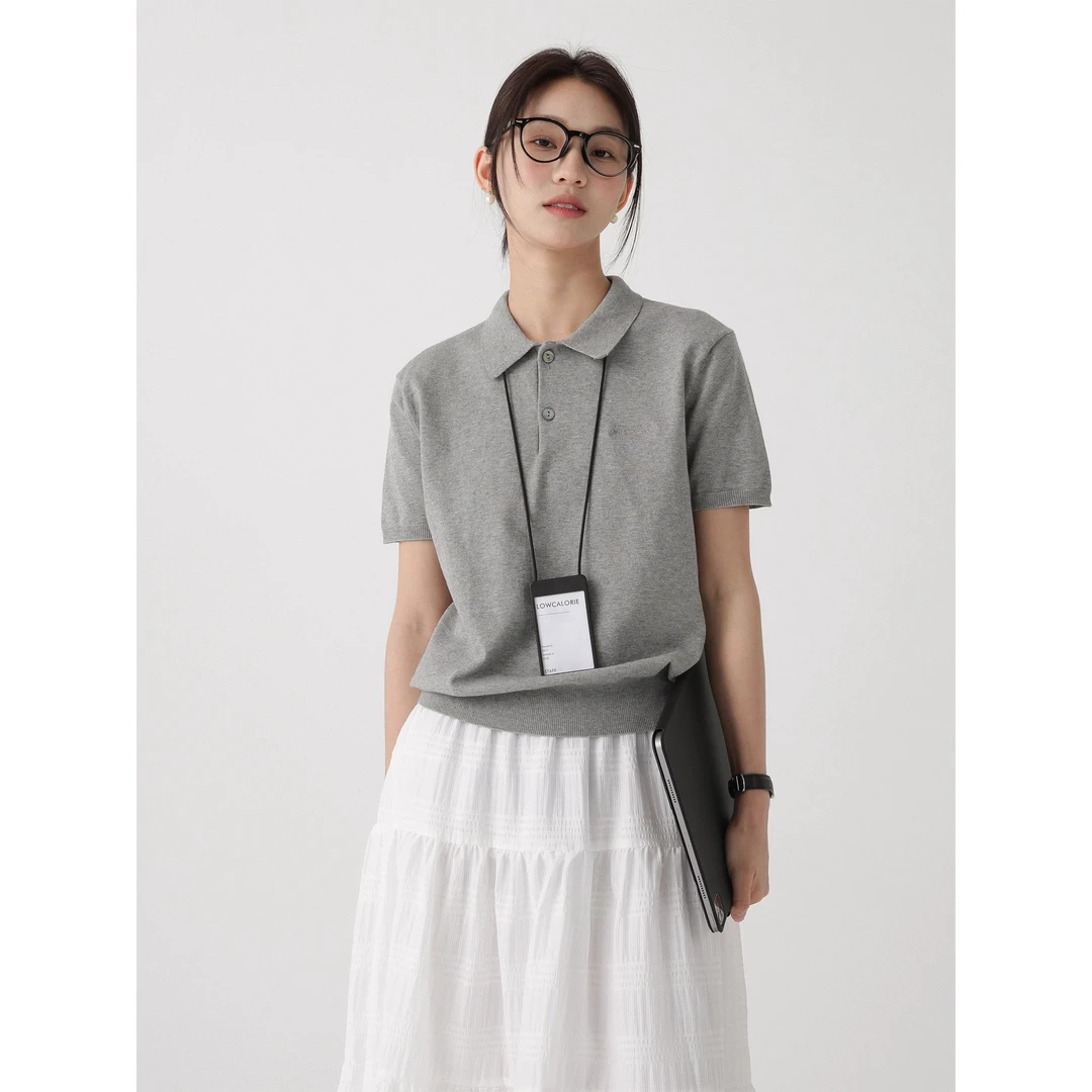 法式藏青色针织POLO领短袖t恤女夏季高级感气质收腰显瘦正肩上衣