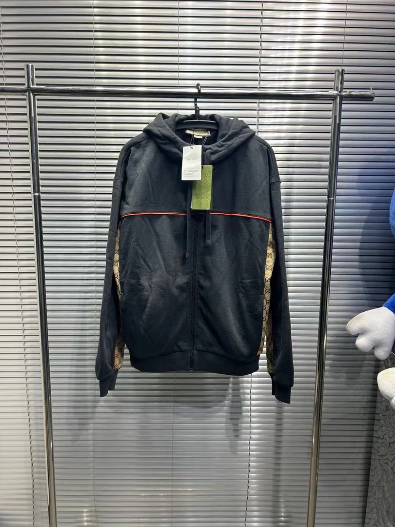 全新未使用 GUCCI/古驰 24ss老花织带满印黑色拼接拉链帽衫/s码