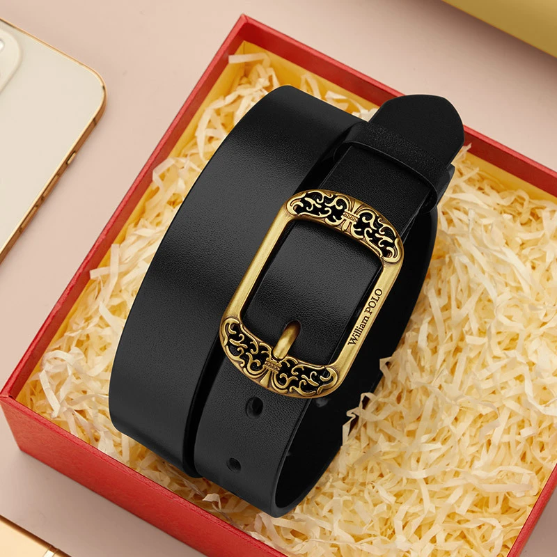 英皇保罗女士皮带牛皮腰带真皮铜扣复古腰带百搭皮带针扣腰封皮带