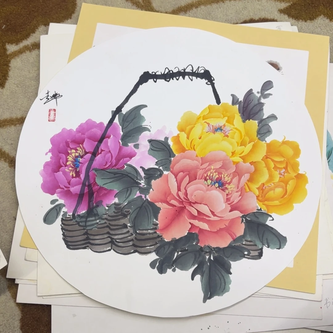 国画圆心卡纸作品童