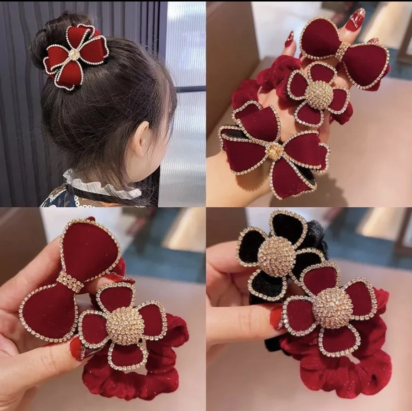 新款儿童蝴蝶结头绳红色丝绒水钻发圈女童发绳小女孩新年头饰发饰