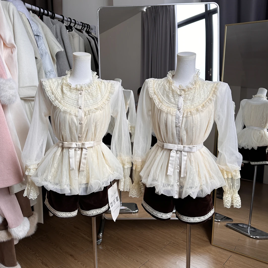 小小仟 羽纱锦缎 梦幻中古doll感蕾丝娃娃衫荷叶花边领花苞衬衫