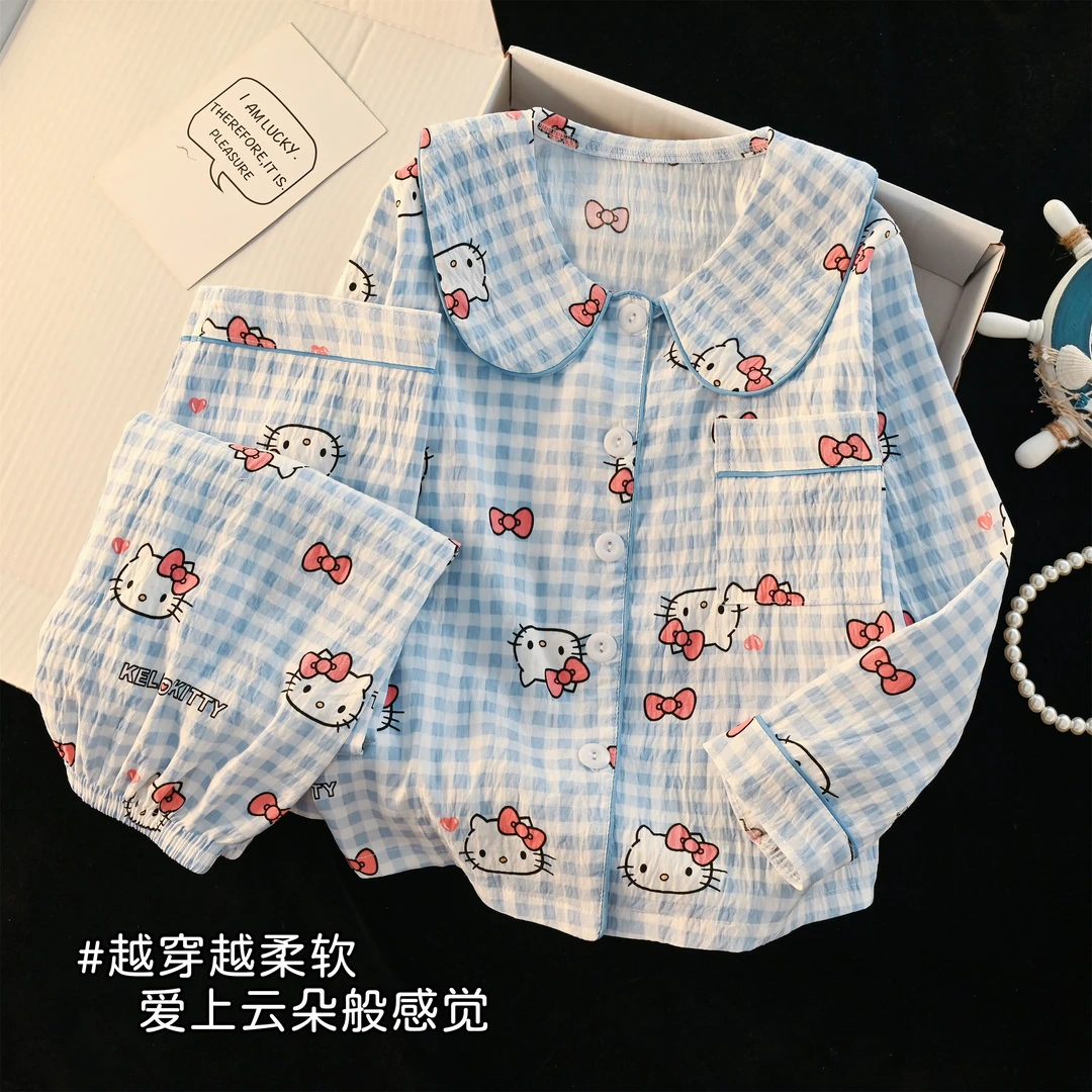 女童睡衣云朵棉卡通可爱格子甜美薄款长袖开衫柔软套装秋季家居服