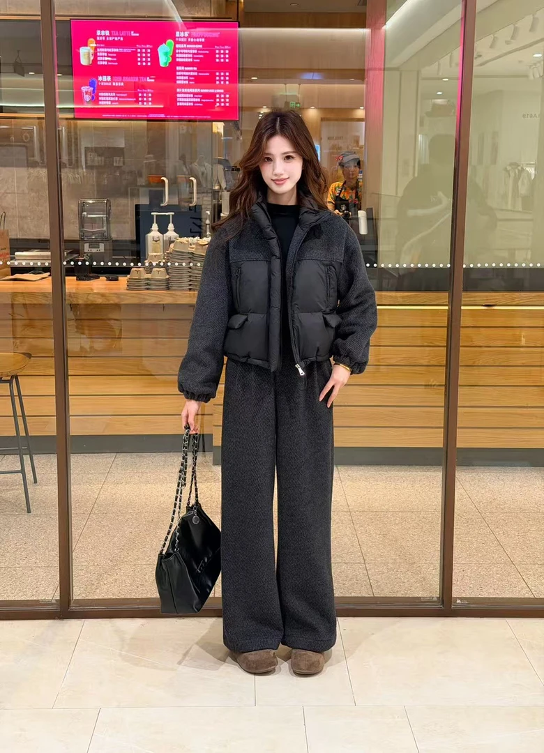 蔡小姐【外套+裤子】时尚短款休闲风百搭加厚韩版棉服休闲慵懒风