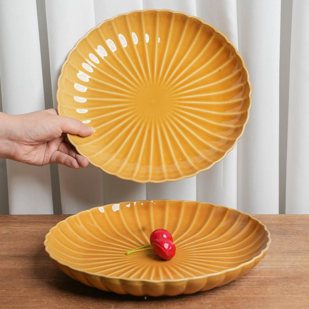 【瑕疵】大盘釉下彩陶瓷盘家用复古窑变黄天目菊平盘高级感P3D/DP