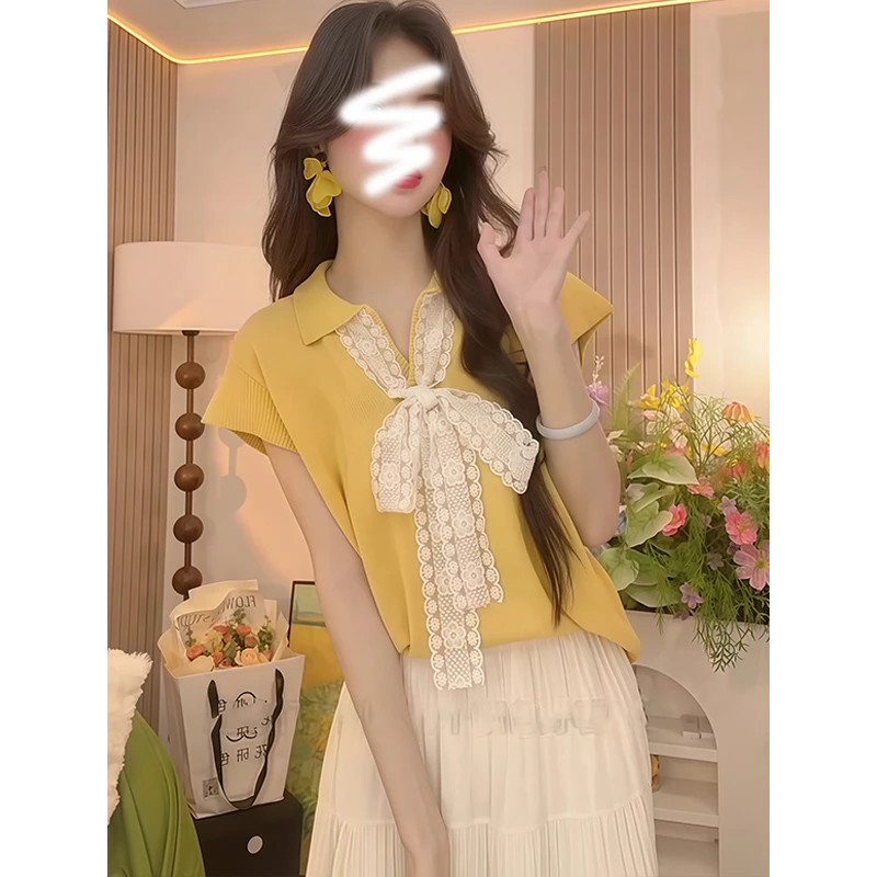 夏季网红新款立领气质温柔拼接蕾丝透气针织短袖时尚洋气显瘦上衣