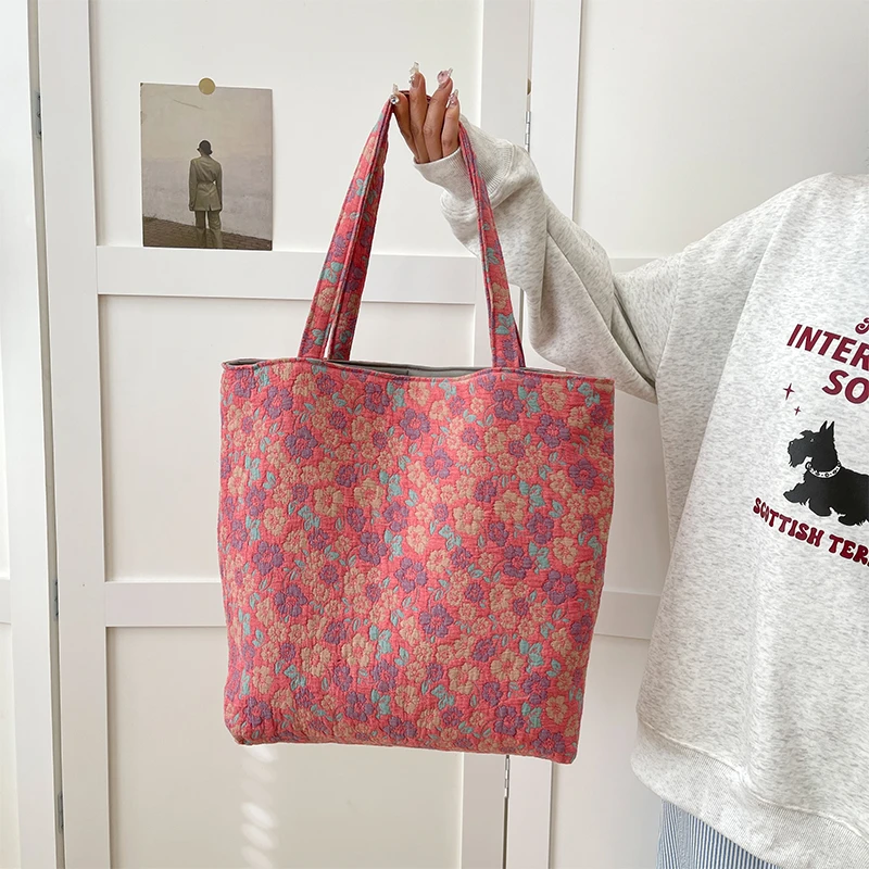 网红新款国风单肩包休闲百搭肩包韩版布艺三层纱单肩碎花植物花卉