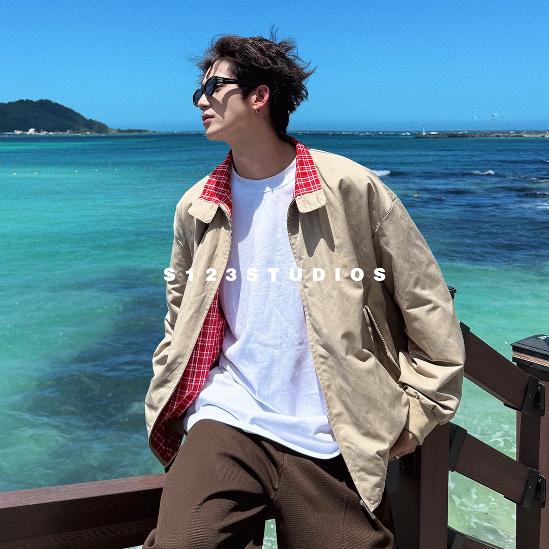 S123 niu家80支强捻匹马棉 哈灵顿夹克 红格纹撞色拼接外套男立领