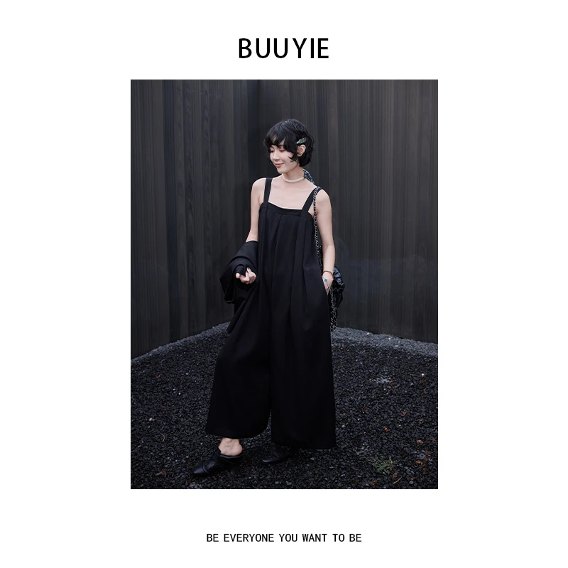 BUUYIE 25SS【鹤鸣涧】时尚休闲大口袋方领吊带连体裤 250794