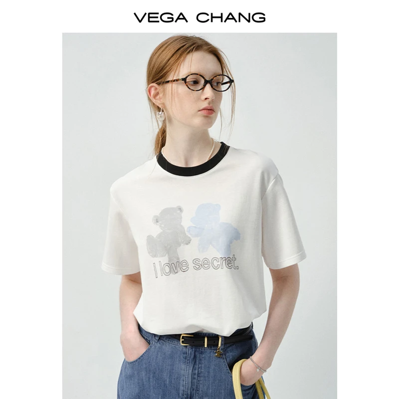 VEGA CHANG短袖t恤女2025新款夏季小熊印花圆领宽松显瘦休闲上衣