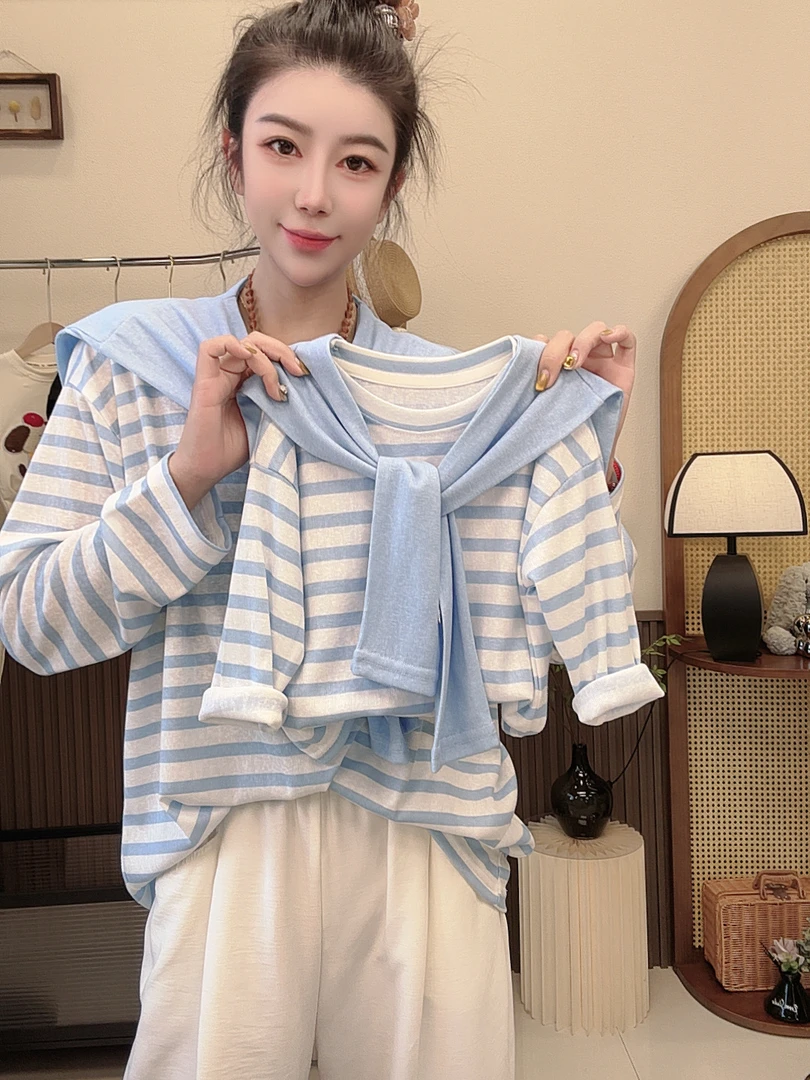 【多巴胺】（送披肩）新款女童小清新条纹打底衫时尚百搭长袖防晒上衣