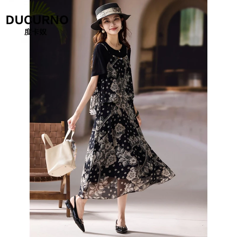 拼接印花雪纺连衣裙女2025年秋季新款宽松大码女收腰时尚洋气裙子