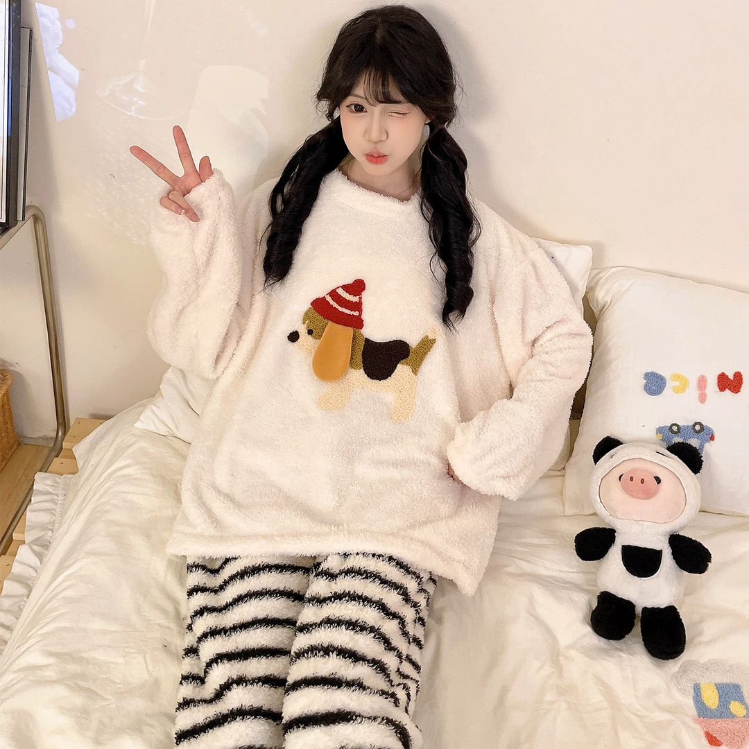 珊瑚绒睡衣女秋冬季大码加厚仿半边绒帽子狗套装可外穿冬天家居服