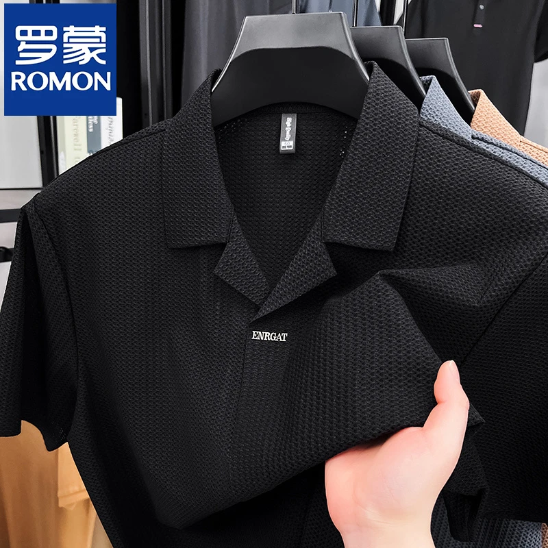 罗蒙夏季新款大码薄款男士短袖t恤冰感免烫纯色POLO衫翻领半截袖