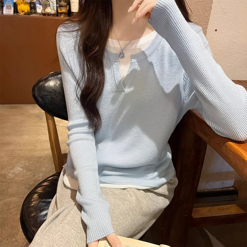 纯欲感宽松显瘦新款春秋季女士蓝色慵懒针织拼接假两件打底内搭上