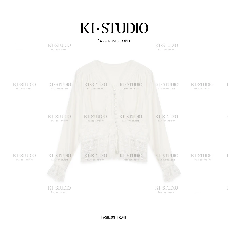 法式钩花镂空V领蕾丝打底衫女早秋季设计感小众长袖上衣KK-1176