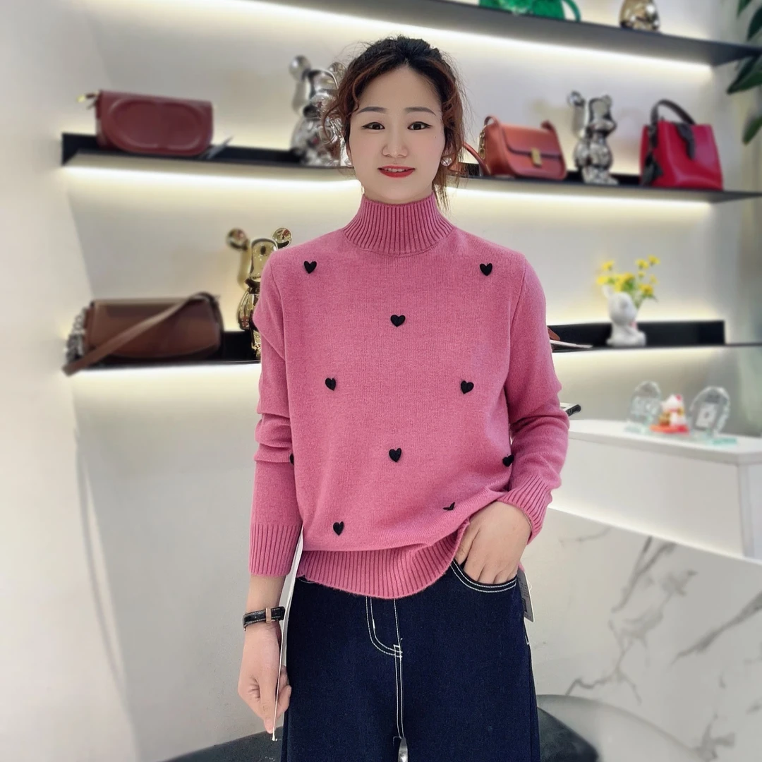时尚半高领爱心套头女士毛衣春秋显瘦新款慵懒打底针织衫内搭上衣