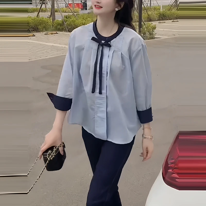 夏季新款洋气衣服女设计感拼接撞色防晒衬衣高级感显瘦减龄上衣潮