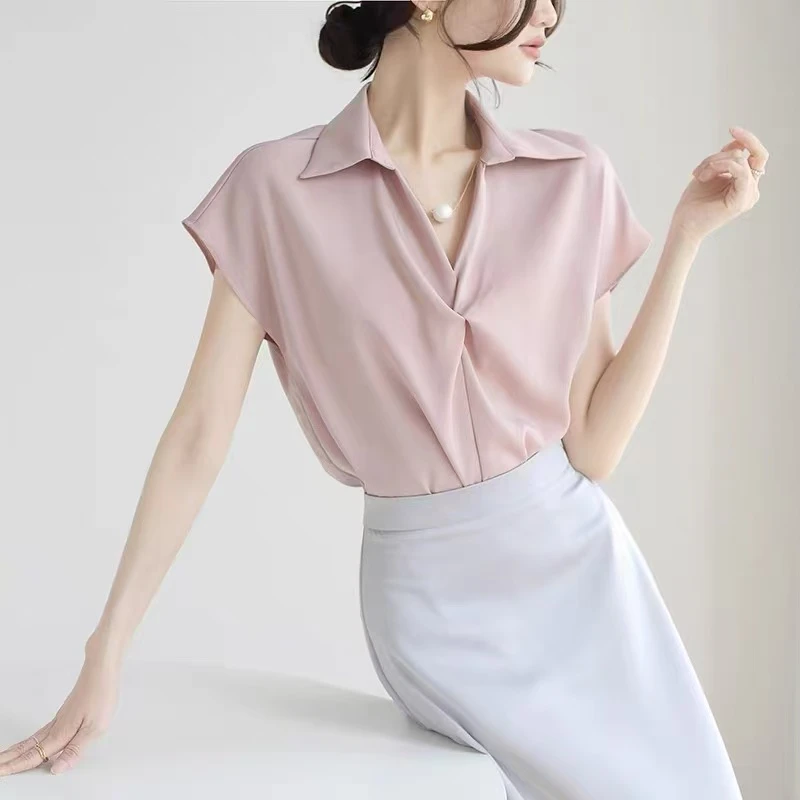 春秋季纯色无袖白衬衫衬衫小众夏季女士短袖百搭-2597