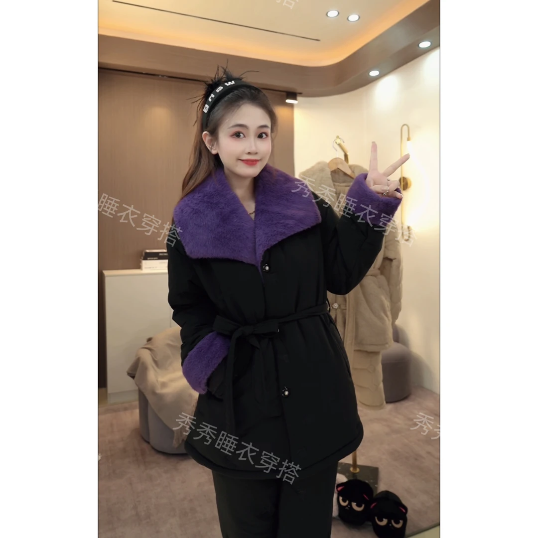 【秀秀家】冬季上新《紫韵》三层夹棉印花长袖长裤睡衣套装加厚