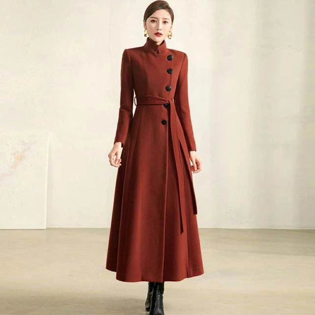 2025秋冬季新款收腰加厚修身显瘦过膝毛呢大衣女长版立领毛呢外套