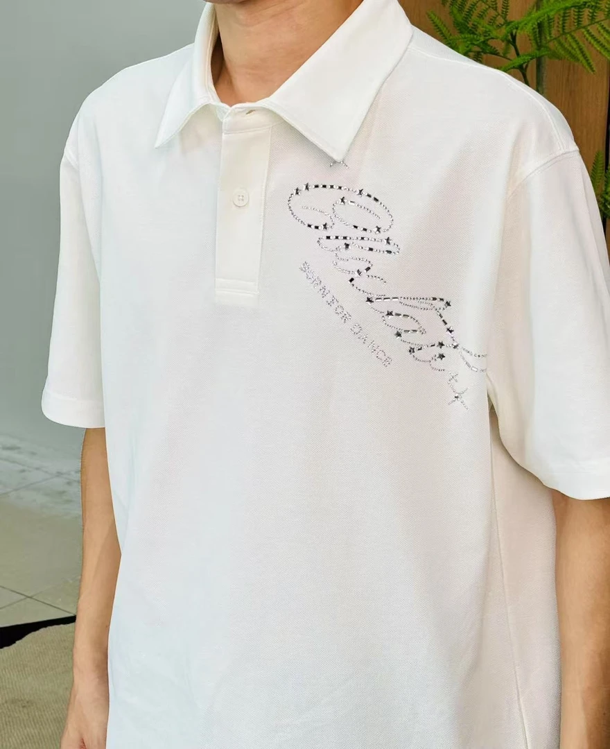 夏季常规纽扣烫钻短袖Polo衫男装男款老钱风高智通勤翻领白色休闲