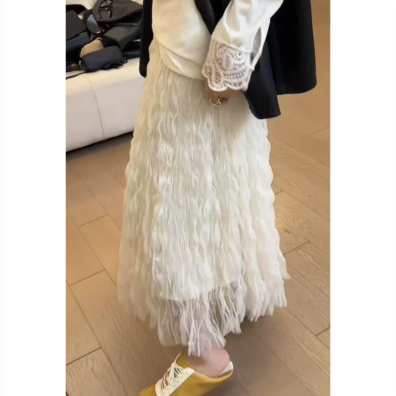 艾塔莉白色半身裙子女春季新款长裙胖mm大码不规则百搭显瘦女格子