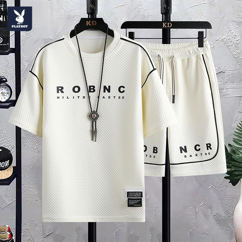 花花公子夏季冰丝男宽松短袖T恤短裤薄款透气潮流休闲运动套装男