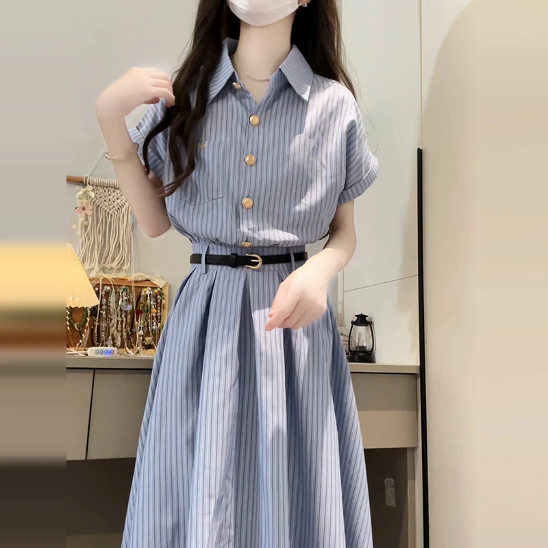 2025新款韩系学院风蓝色短袖衬衫连衣裙子女夏季气质高级收腰长裙