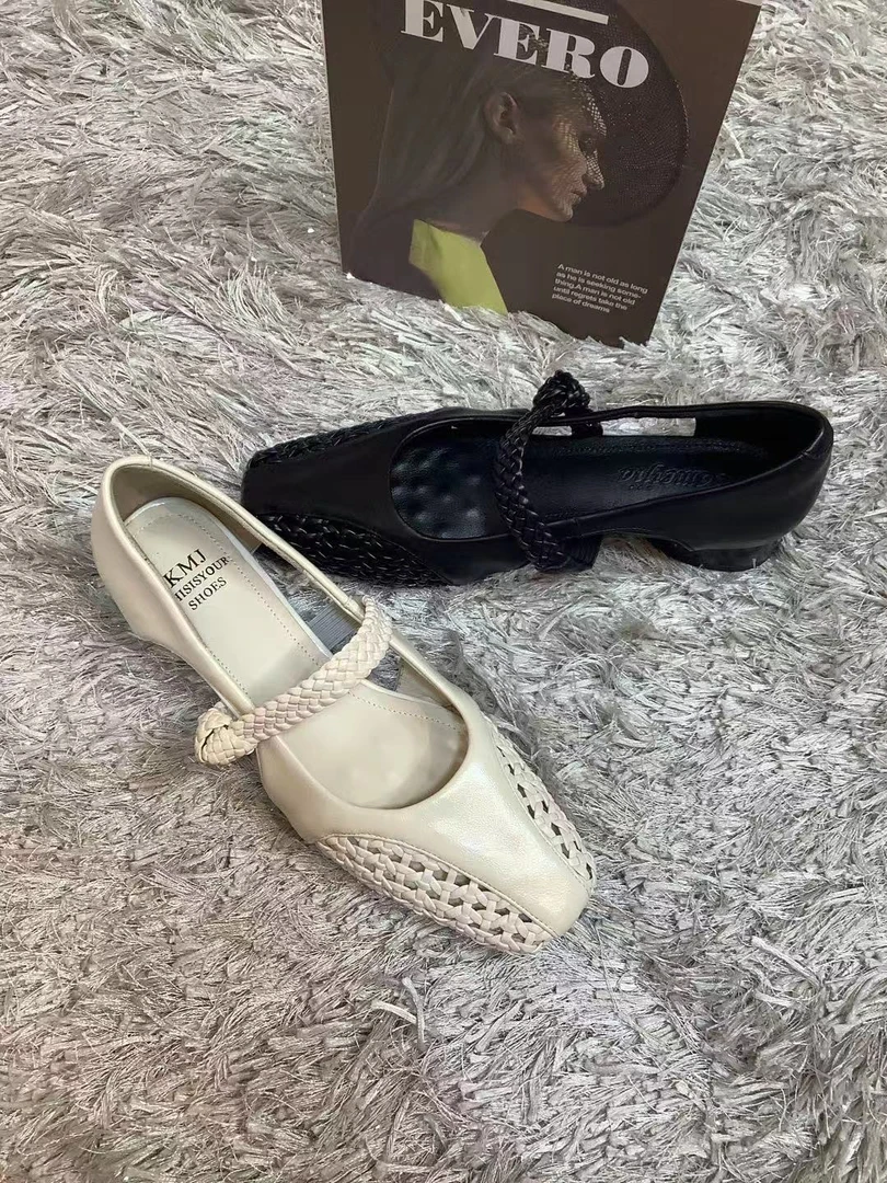 3cm/羊皮/法式镂空夏季女鞋透气时尚编织方头一字带粗跟单鞋1801