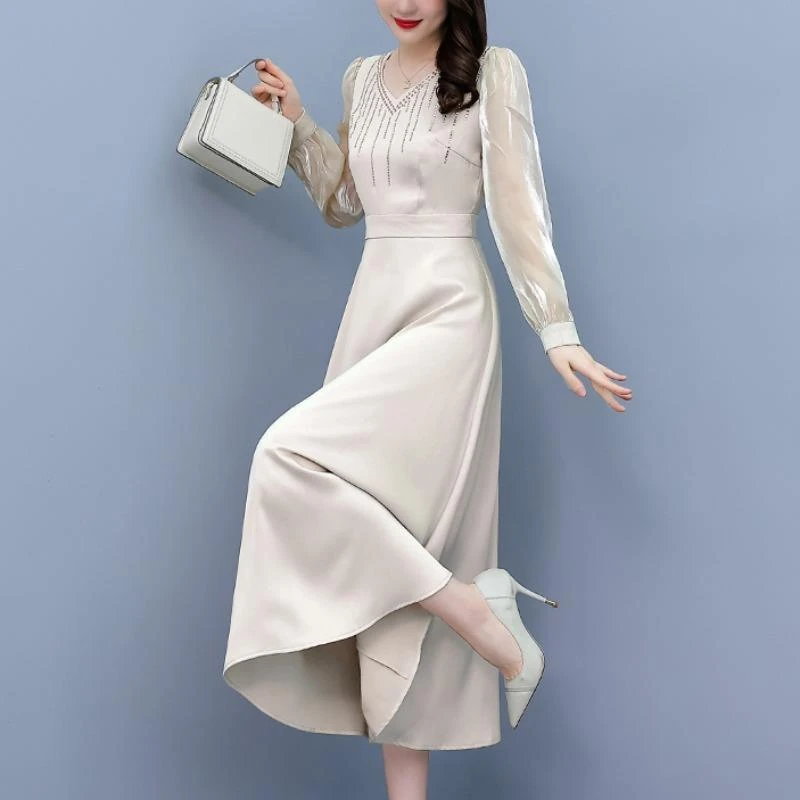 中年妈妈醋酸缎面洋装女2025春秋新款收腰显瘦气质修身高端裙子