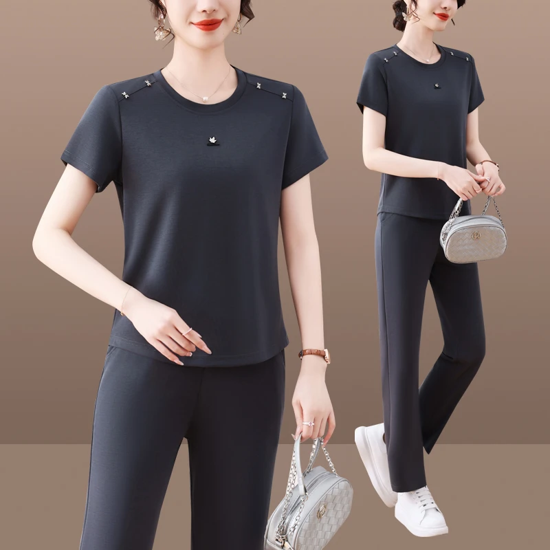 恩狐洋气妈妈夏装新款中年圆领短袖T恤中老年女装运动套装两件套
