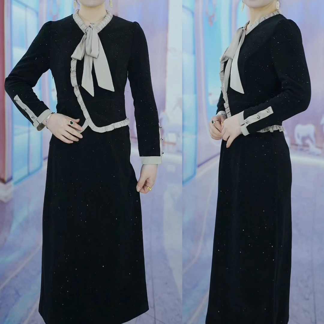 2025年春季新款显瘦大摆裙圆领连衣裙遮肚气质过膝时尚高腰